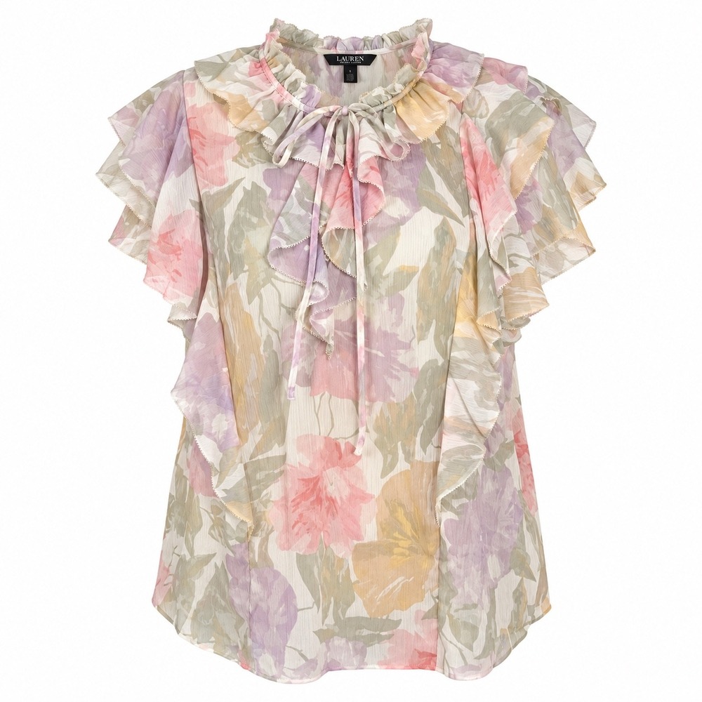 Lauren Ralph Lauren Blouse Womens Large Pastel Floral Ruffle Tie Neck Flutter